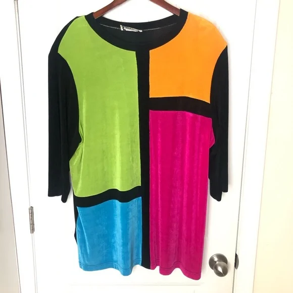 VINTAGE MOD 90’s Y2K Art Deco Geometric Color Blocking Multicolor 3/4 Sleeve Top - Picture 2 of 9
